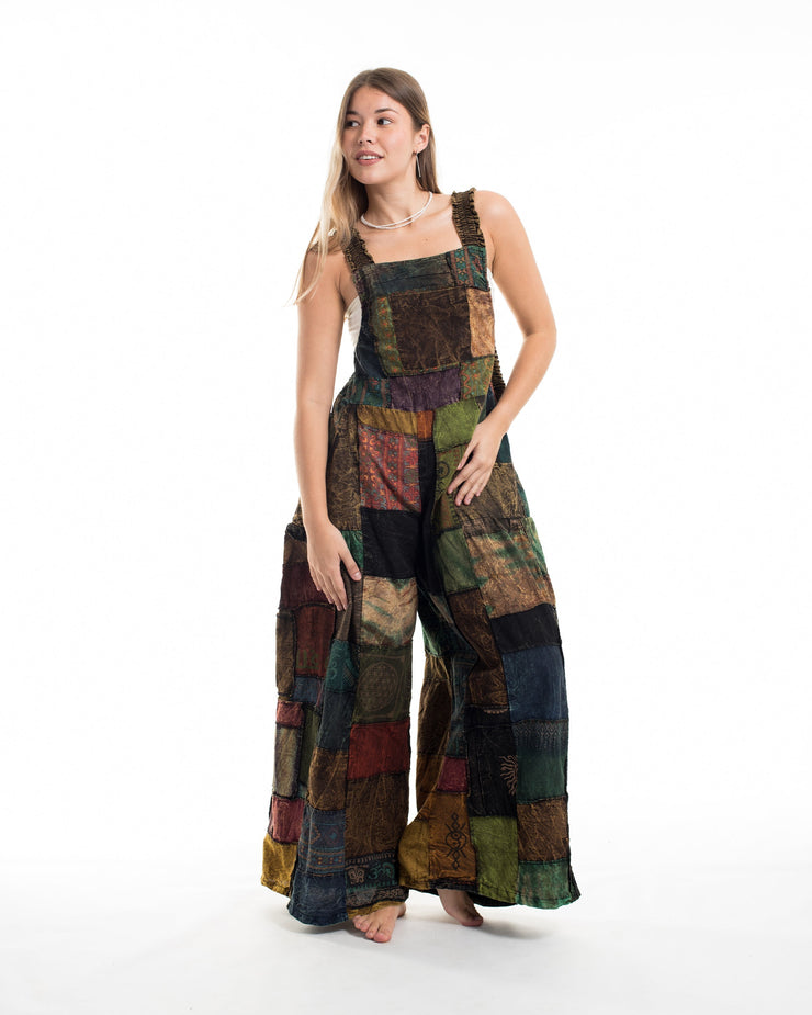 Patchwork Stone Washed Black Printed Cotton Overall in Brown