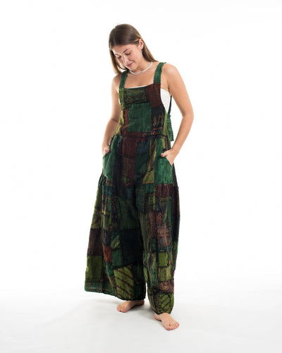 Patchwork Stone Washed Black Printed Cotton Overall in Green