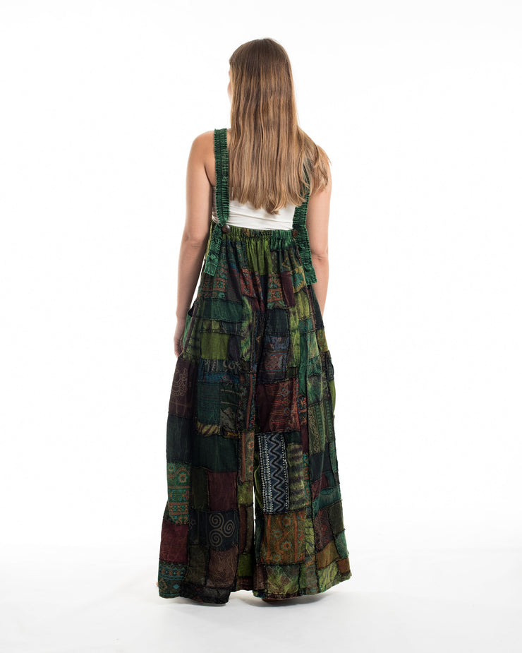 Patchwork Stone Washed Black Printed Cotton Overall in Green