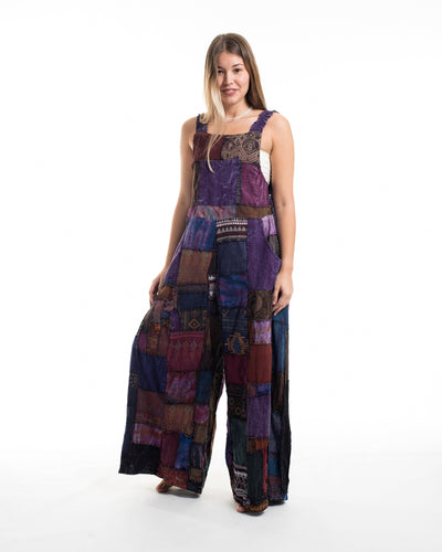 Patchwork Stone Washed Black Printed Cotton Overall in Purple