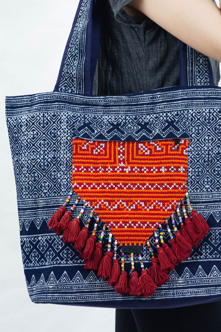 Hmong Indigo Batik and Embroidered Tote Bag with Maroon Tassels