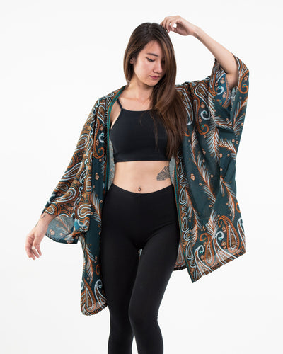 Paisley Feathers Kimono Cardigan in Green