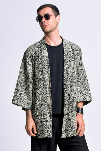 Paisley Print Cotton Kimono Cardigan in Black