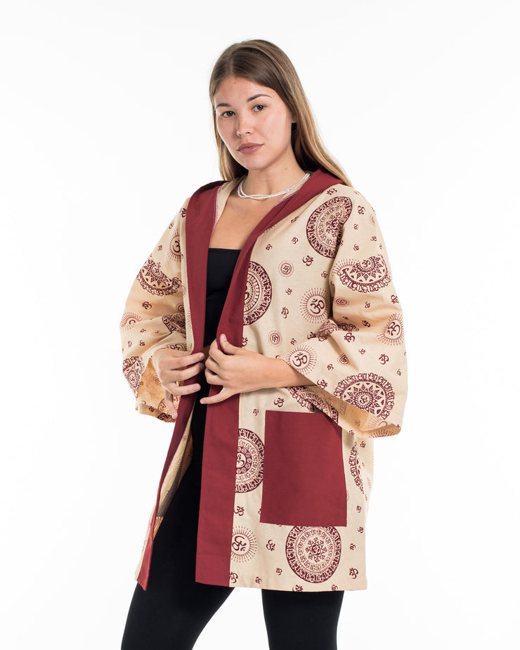 Ohm Print Cotton Hoodie Kimono Cardigan in Red