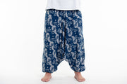 Plus Size Fan Prints Men's Low Cut Cotton Harem Pants in Indigo