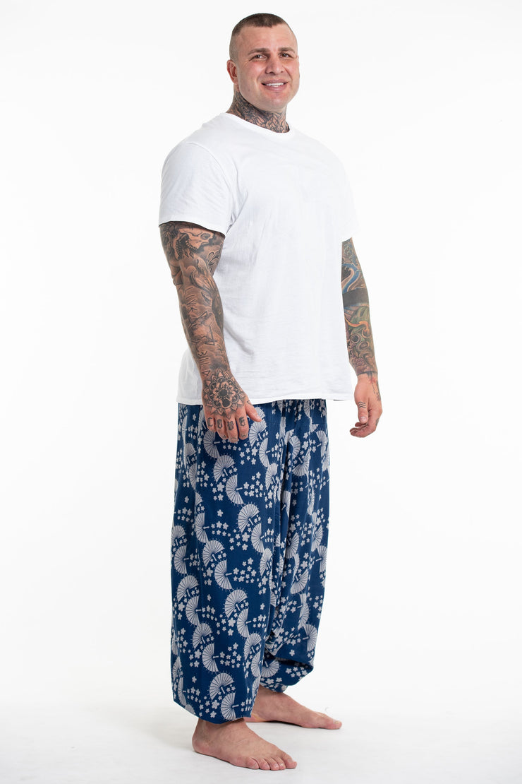 Plus Size Fan Prints Men's Low Cut Cotton Harem Pants in Indigo