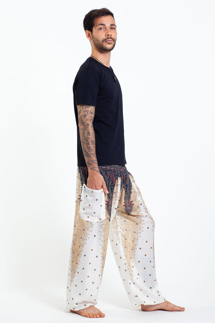 Peacock Feathers Men's Harem Pants in White