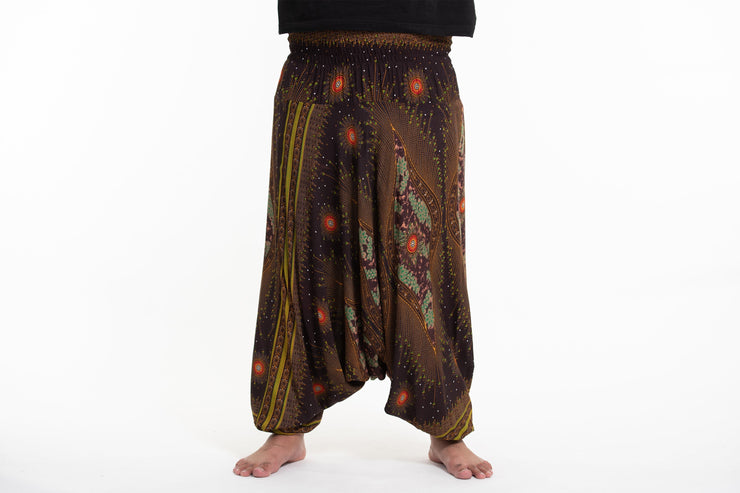 Plus Size Peacock Eyes Drop Crotch Men's Harem Pants in Brown