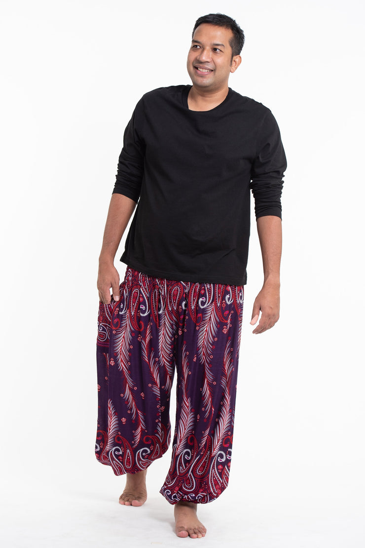 Plus Size Paisley Feathers Men's Harem Pants in Purple