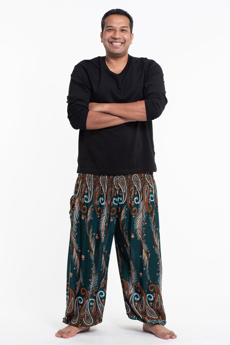 Plus Size Paisley Feathers Men's Harem Pants in Green