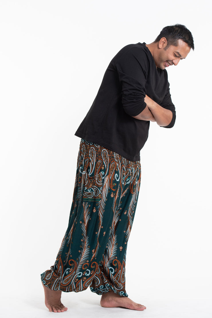 Plus Size Paisley Feathers Men's Harem Pants in Green