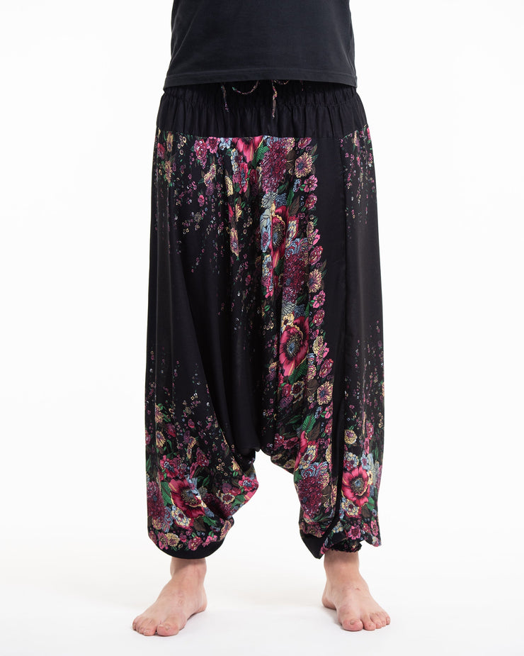 Floral Drop Crotch Men's Harem Pants in Black