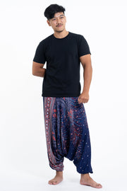 Peacock Feathers Drop Crotch Men's Harem Pants in Blue