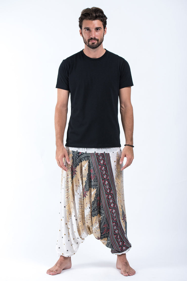 Peacock Feathers Drop Crotch Men's Harem Pants in White