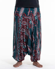 Paisley Feathers Drop Crotch Men's Harem Pants in Green