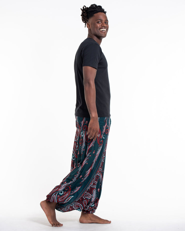 Paisley Feathers Drop Crotch Men's Harem Pants in Green