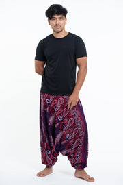 Paisley Feathers Drop Crotch Men's Harem Pants in Purple