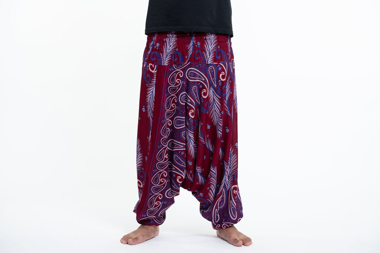 Paisley Feathers Drop Crotch Men's Harem Pants in Red