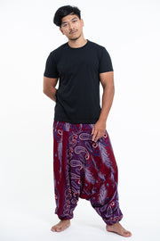 Paisley Feathers Drop Crotch Men's Harem Pants in Red