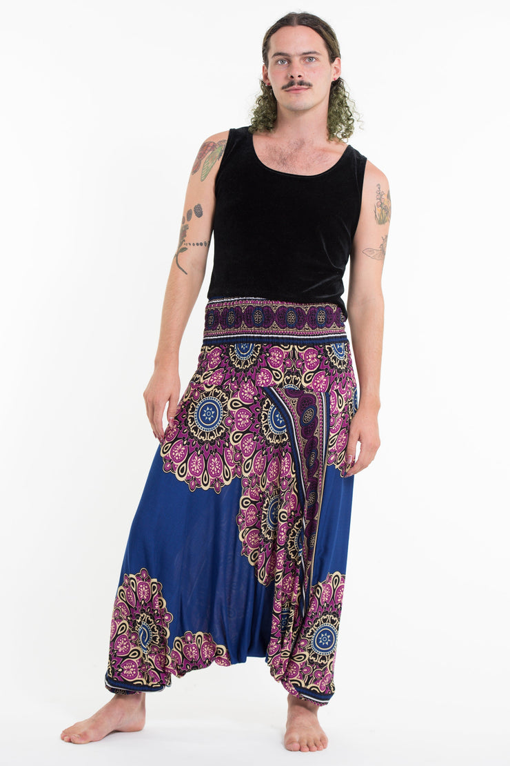 Peony Mandalas Drop Crotch Men's Harem Pants in Blue