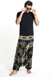 Turtle Print Drop Crotch Men's Harem Pants in Gold