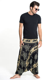 Turtle Print Drop Crotch Men's Harem Pants in Gold