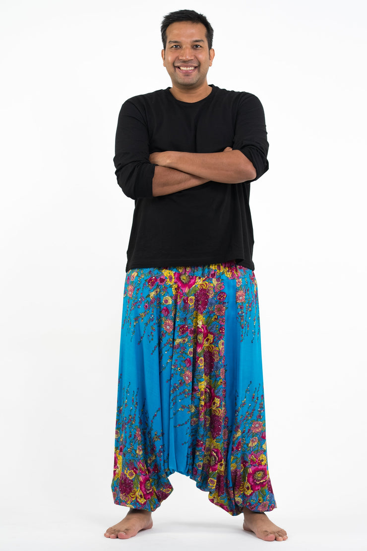 Plus Size Floral Drop Crotch Men's Harem Pants in Ocean Blue