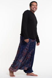 Plus Size Peacock Feathers Drop Crotch Men's Harem Pants in Blue