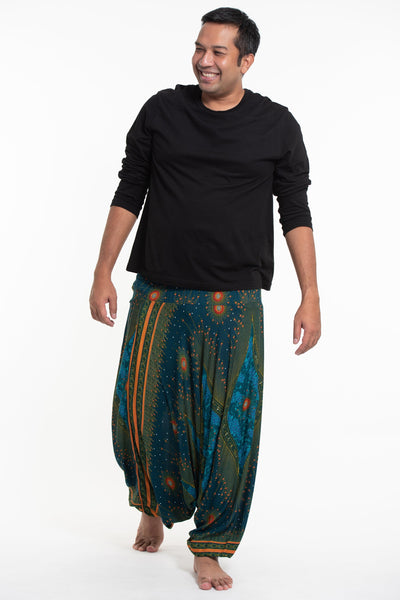 Plus Size Peacock Eyes Drop Crotch Men's Harem Pants in Turquoise