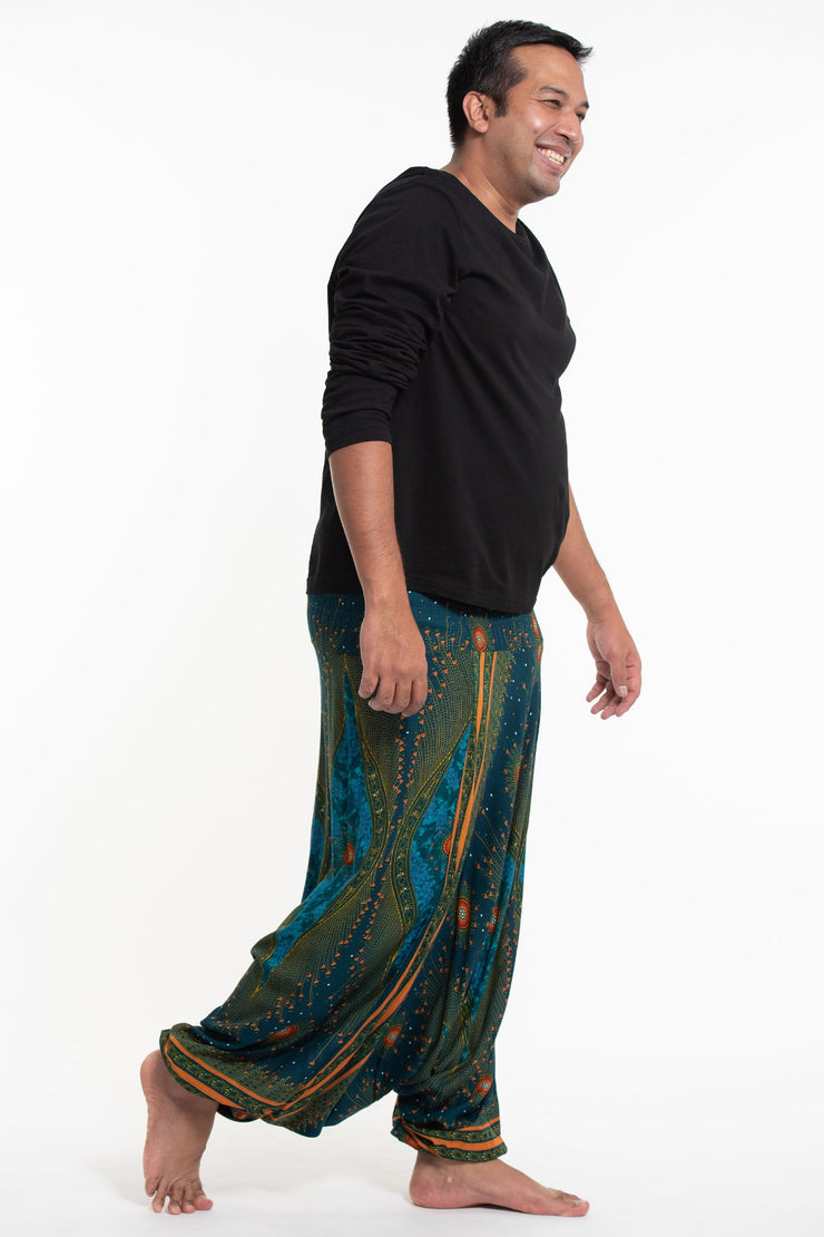 Plus Size Peacock Eyes Drop Crotch Men's Harem Pants in Turquoise