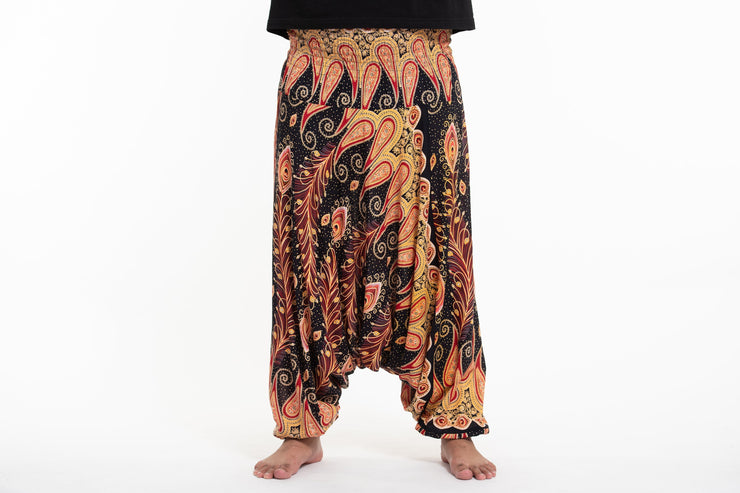 Plus Size Peacock Paisley Drop Crotch Men's Harem Pants in Black