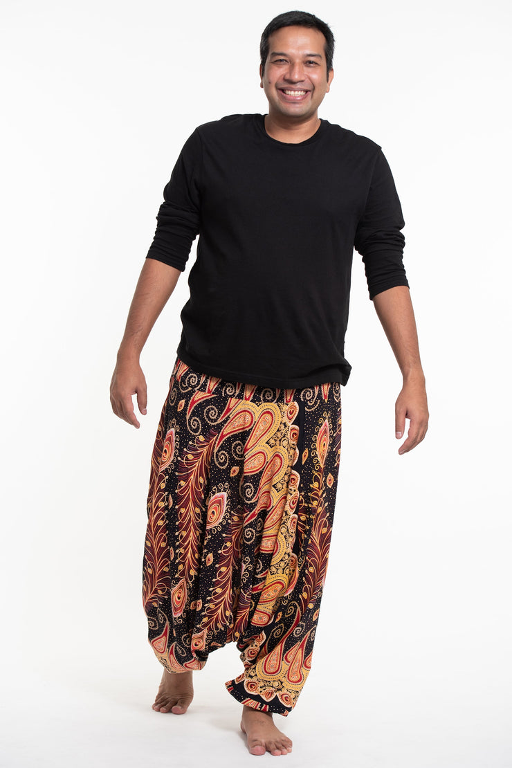 Plus Size Peacock Paisley Drop Crotch Men's Harem Pants in Black