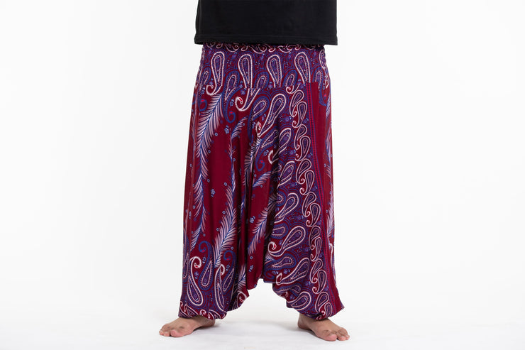 Plus Size Paisley Feathers Drop Crotch Men's Harem Pants in Red