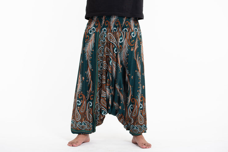 Plus Size Paisley Feathers Drop Crotch Men's Harem Pants in Green