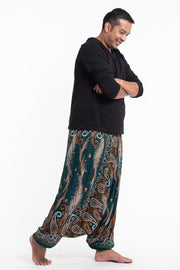 Plus Size Paisley Feathers Drop Crotch Men's Harem Pants in Green