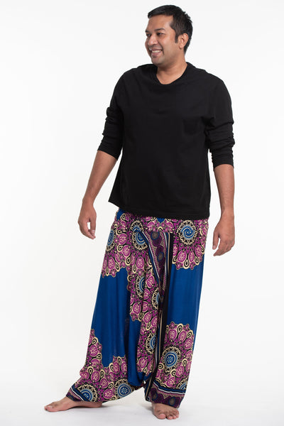 Plus Size Peony Mandalas Drop Crotch Men's Harem Pants in Indigo