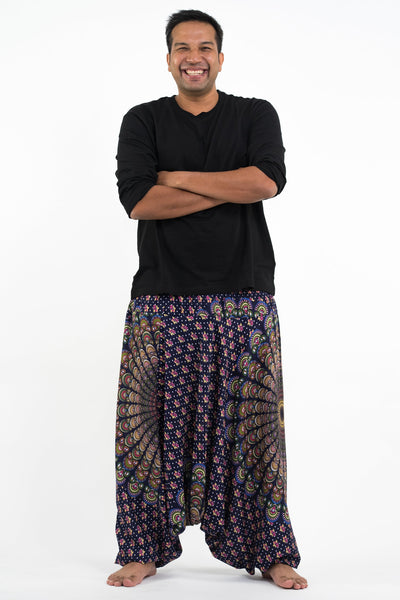 Plus Size Peacock Mandalas Drop Crotch Men's Harem Pants in Blue