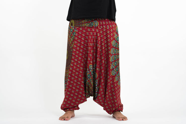 Plus Size Peacock Mandalas Drop Crotch Men's Harem Pants in Red