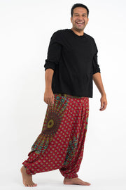 Plus Size Peacock Mandalas Drop Crotch Men's Harem Pants in Red