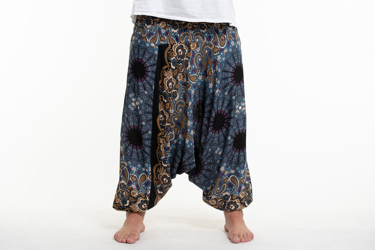 Plus Size Paisley Mandalas Drop Crotch Men's Harem Pants in Blue Gray