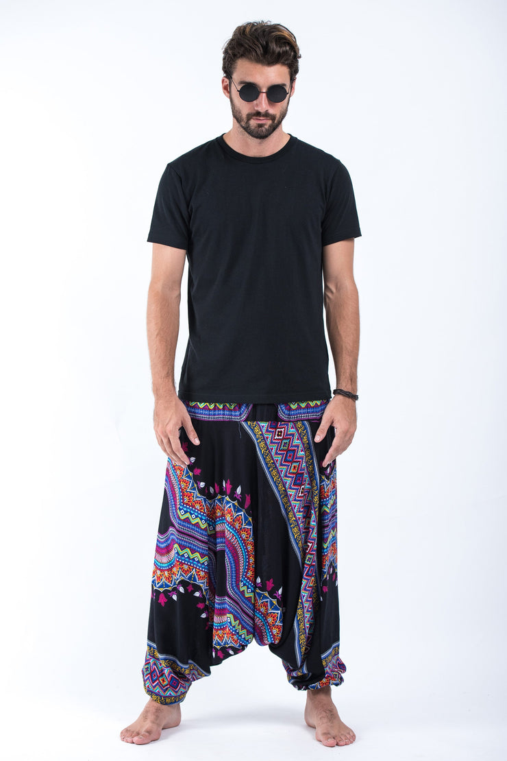 Dashiki Prints Drop Crotch Men's Harem Pants in Black