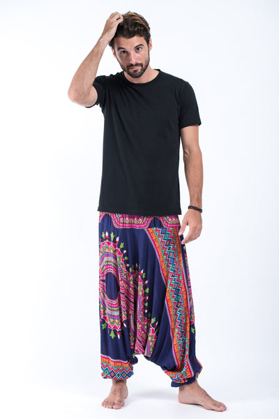 Dashiki Prints Drop Crotch Men's Harem Pants in Navy