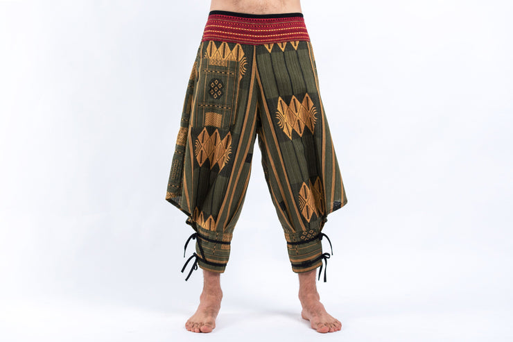 Thai Hill Tribe Fabric Men's Harem Pants with Ankle Straps in Olive