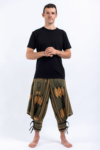 Thai Hill Tribe Fabric Men's Harem Pants with Ankle Straps in Olive