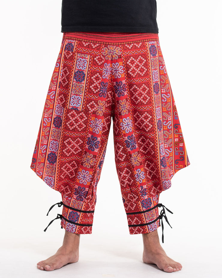 Clovers Thai Hill Tribe Fabric Men's Harem Pants with Ankle Straps in Bright Red