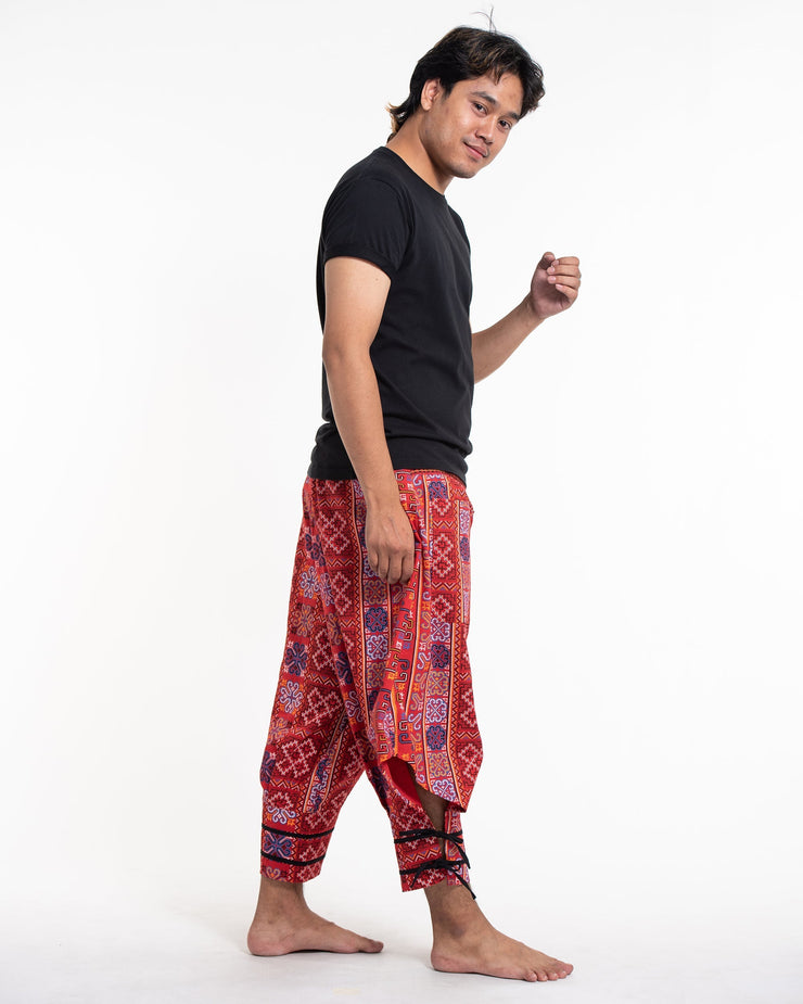 Clovers Thai Hill Tribe Fabric Men's Harem Pants with Ankle Straps in Bright Red