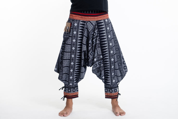 Traditional Prints Thai Hill Tribe Fabric Men's Harem Pants with Ankle Straps in Navy