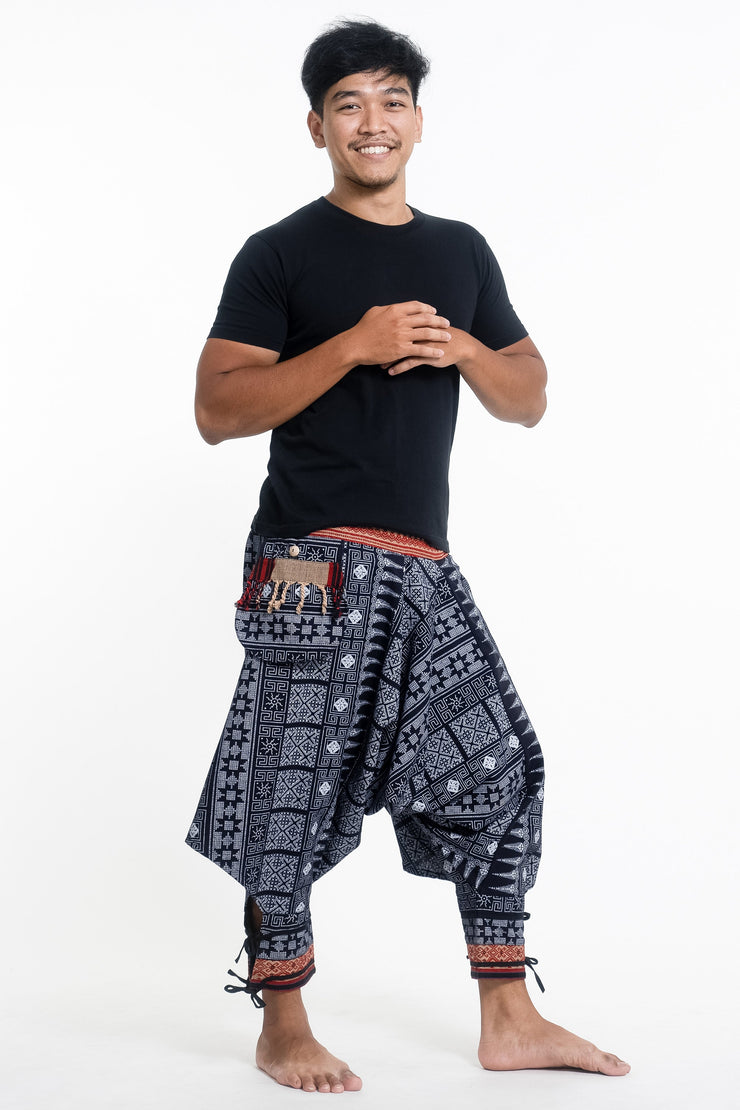 Traditional Prints Thai Hill Tribe Fabric Men's Harem Pants with Ankle Straps in Navy