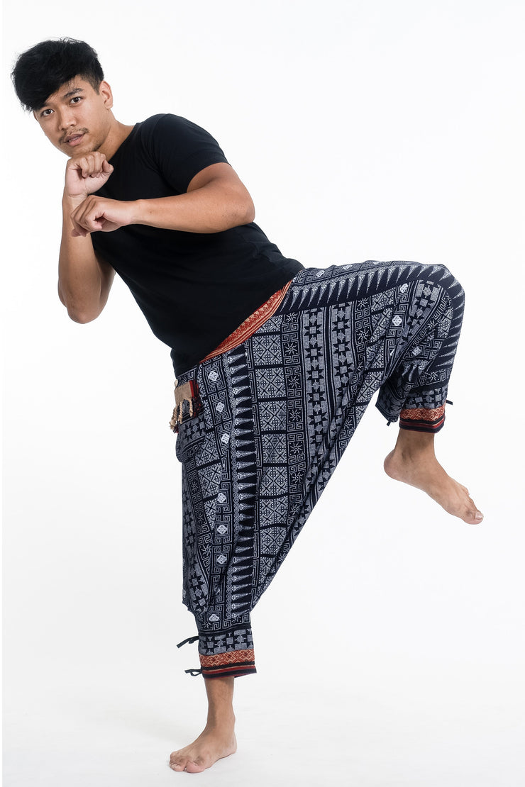 Traditional Prints Thai Hill Tribe Fabric Men's Harem Pants with Ankle Straps in Navy