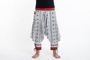 Traditional Prints Thai Hill Tribe Fabric Men's Harem Pants with Ankle Straps in White